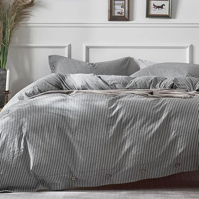 Lightweight JELLYMONI Cotton Duvet Cover Twin Size – Black Vertical Pinstriped Comforter Cover with Button Washed Cotton 2PCS Breathable Soft Solid Bedding Set Duvet Cover 68×90in amp 1 Pillowcase NO Insert Natural