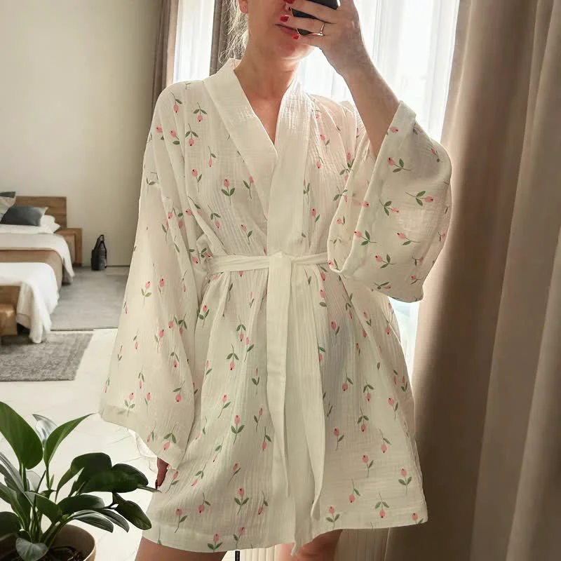 High-End Ownkoti Tulip Pattern Cotton Short Pajama Robe Reusable