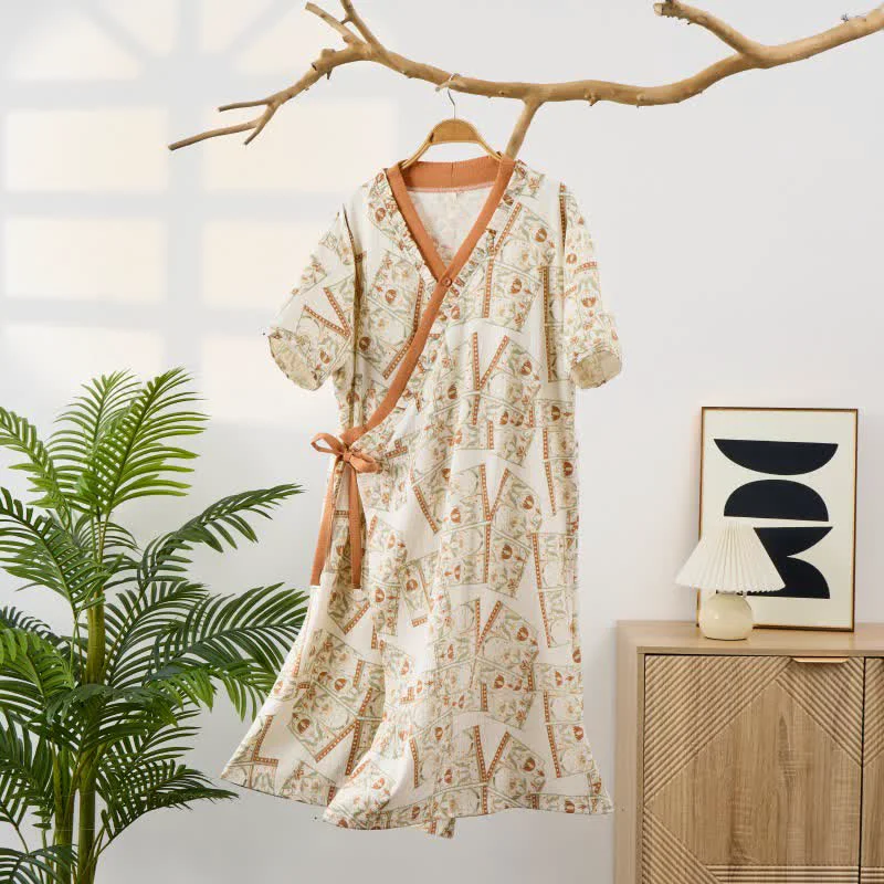 Optimized Ownkoti Vintage Pattern Ruffled Collar Side-Tie Nightgown Recyclable