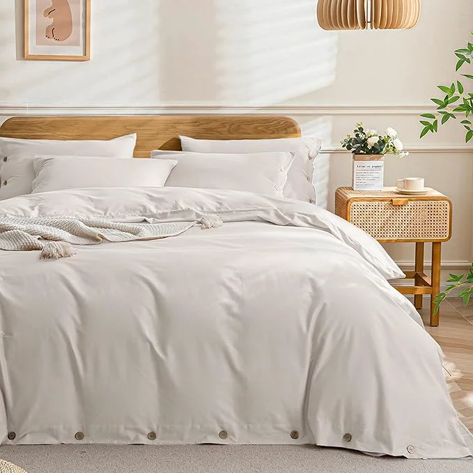 High-Performance JELLYMONI Cotton Duvet Cover Cal King Size – Beige Comforter Cover with Button Washed Cotton 3PCS Breathable Soft Solid Bedding Set Duvet Cover 104×98in amp 2 Pillowcases NO Comforter Fast