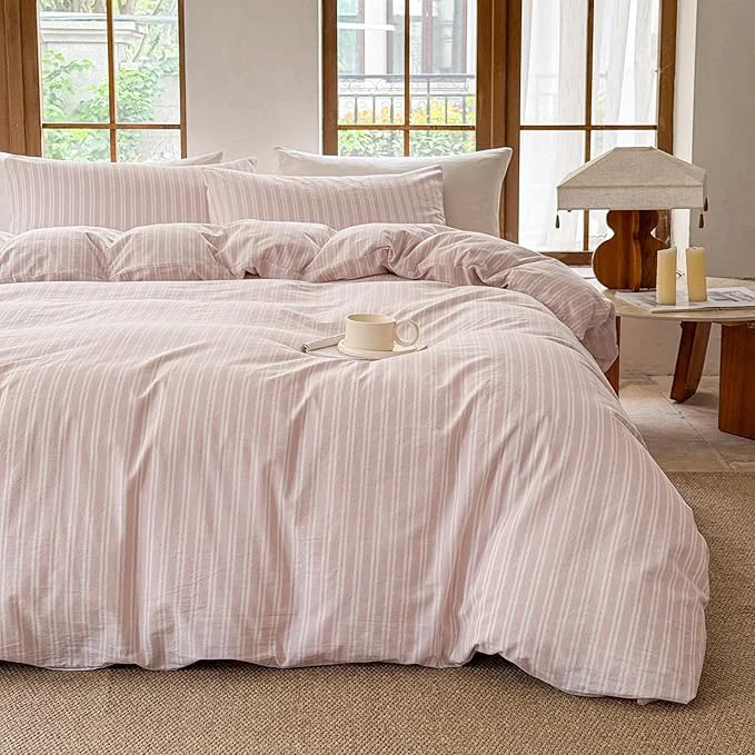 Responsible Striped Duvet Cover Set Washed Cotton Linen Like Soft Feelling Breathable Bedding Greyish Pink White Strip Full Innovative