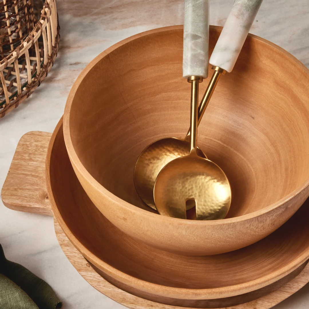 High-End Kiln Mango Wood Salad Bowl Green