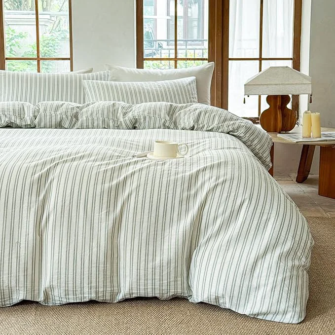 Detailed Striped Duvet Cover Set Washed Cotton Linen Like Soft Feelling Breathable Bedding White Sage Green Strip Queen Superior