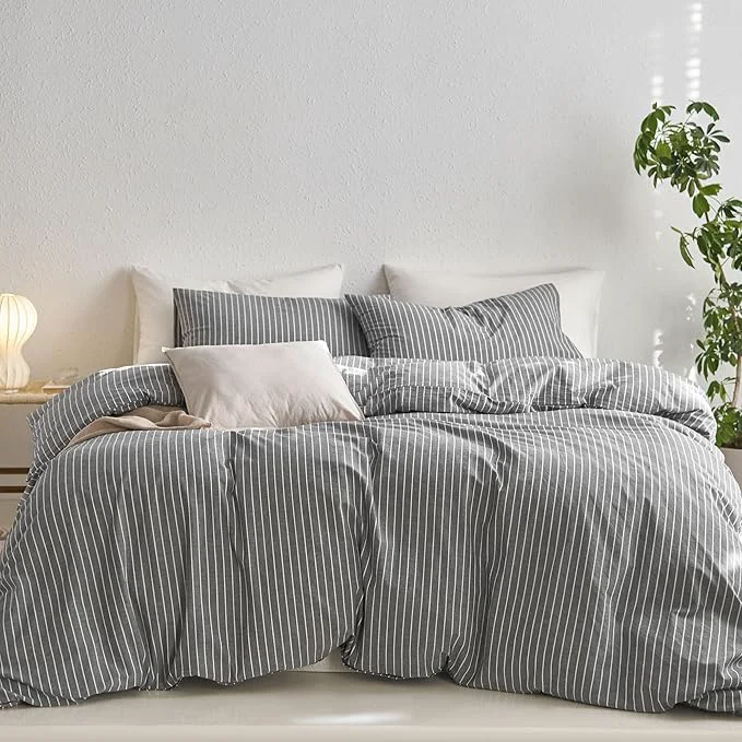 Selected MooMee Striped Duvet Cover Set Washed Cotton Linen Like Textured Breathable Durable Soft Comfy Dark Grey White Wide Stripes Queen 90 quot x90 quot Official