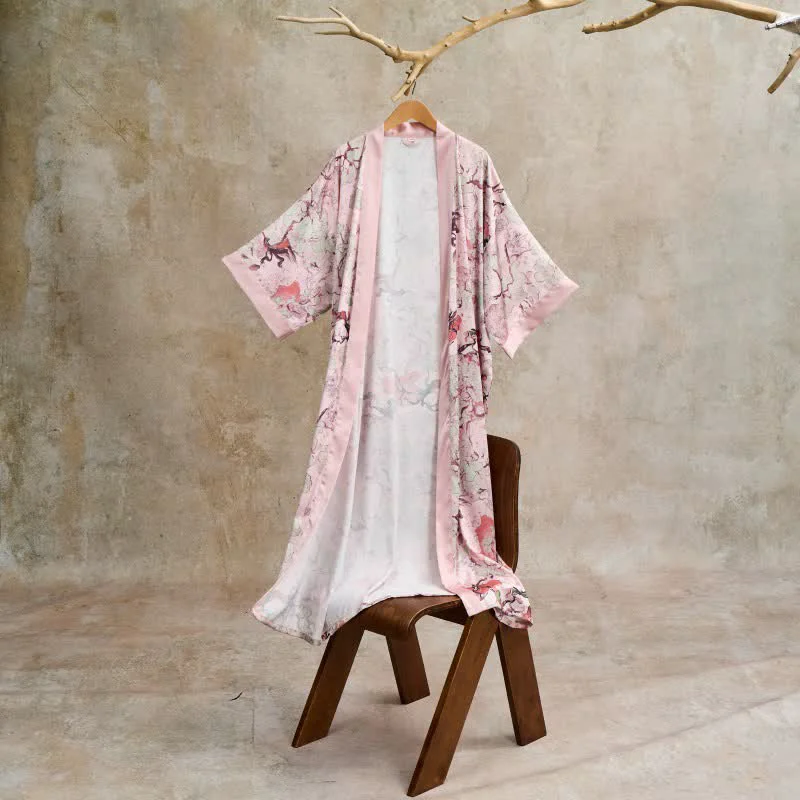 Traditional Ownkoti Oriental Pink Floral Kimono Style Bathrobe Luxury