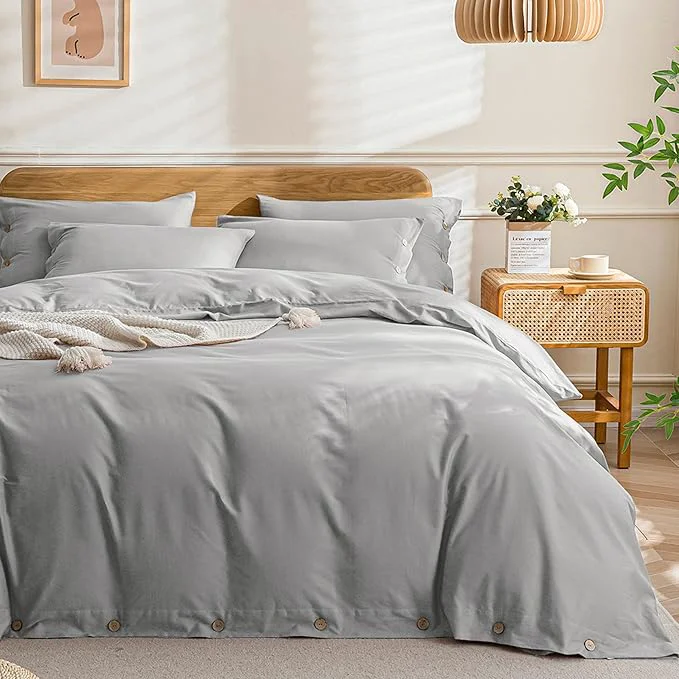 Casual JELLYMONI Cotton Duvet Cover Twin Size – Light Gray Comforter Cover with Button Washed Cotton 2PCS Breathable Soft Solid Bedding Set Duvet Cover 68×90in amp 1 Pillowcase NO Comforter Refined