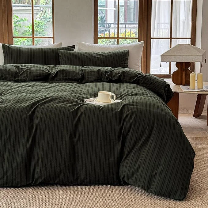 Environmentally Friendly Striped Duvet Cover Set Washed Cotton Linen Like Soft Feelling Breathable Bedding Olive Green Black Strip Queen Smart