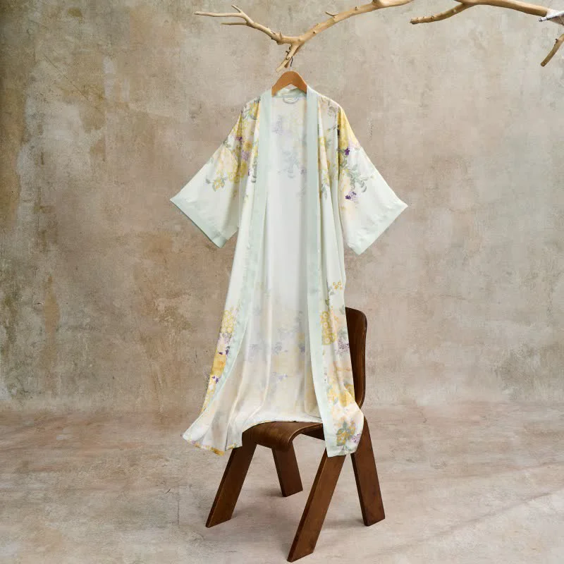 Enhanced Ownkoti Oriental Yellow Floral Kimono Style Bathrobe Fine Crafted