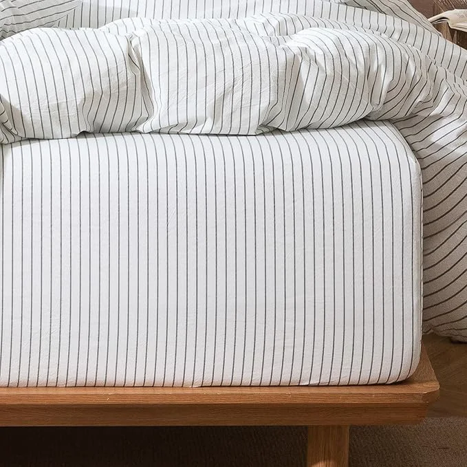 World-Class MooMee Stripes Fitted Bottom Sheet Only Washed Cotton Linen Like Textured Breathable Durable Soft Comfy Deep Pocket White Heathered Green Wide Stripes King Environmentally Friendly