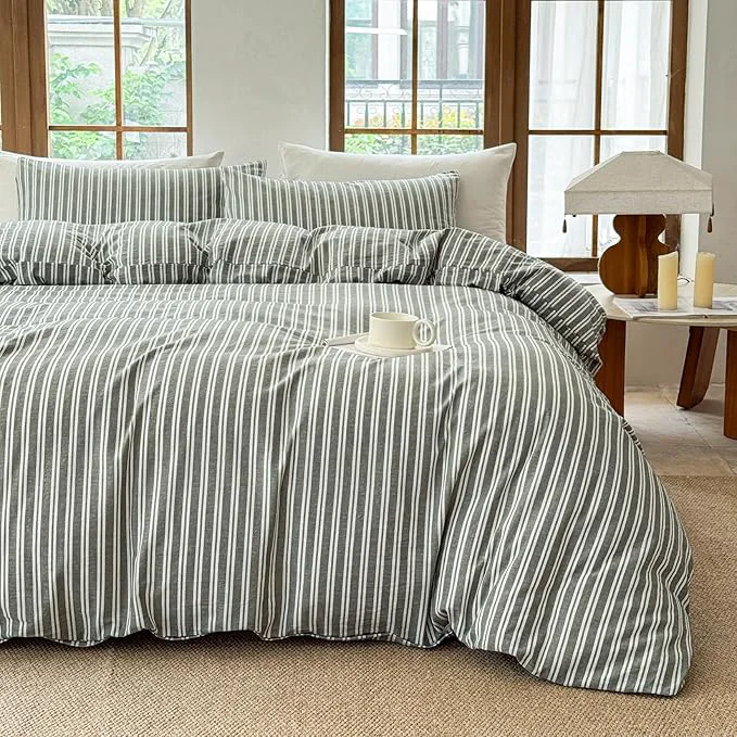 Dependable Striped Duvet Cover Set Washed Cotton Linen Like Soft Feelling Breathable Bedding Olive Green White Strip Full Carefully Designed