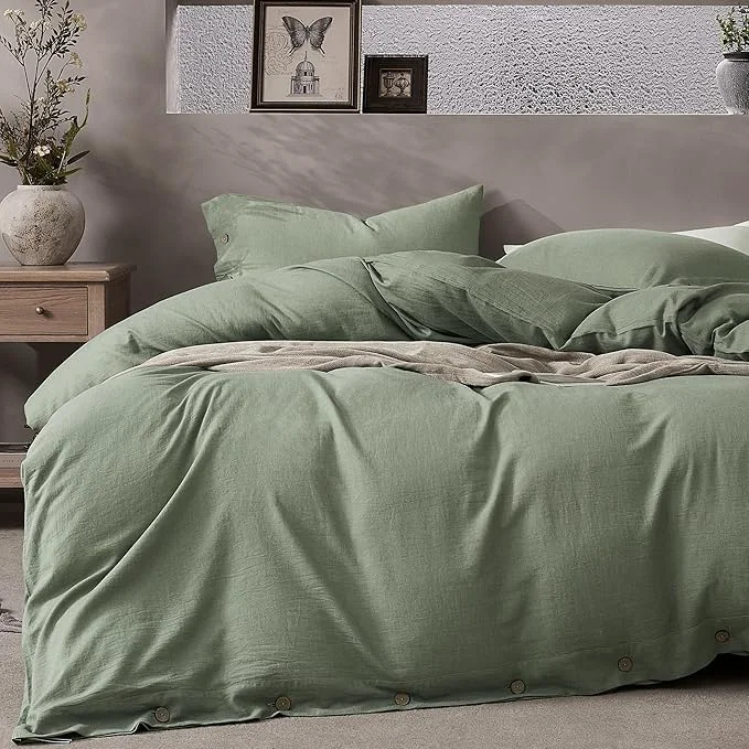 Authentic JELLYMONI Cotton Duvet Cover Full Size – Sage Green Comforter Cover with Button Washed Cotton 3PCS Breathable Soft Solid Bedding Set Duvet Cover 80×90in amp 2 Pillowcases NO Comforter Top-Quality