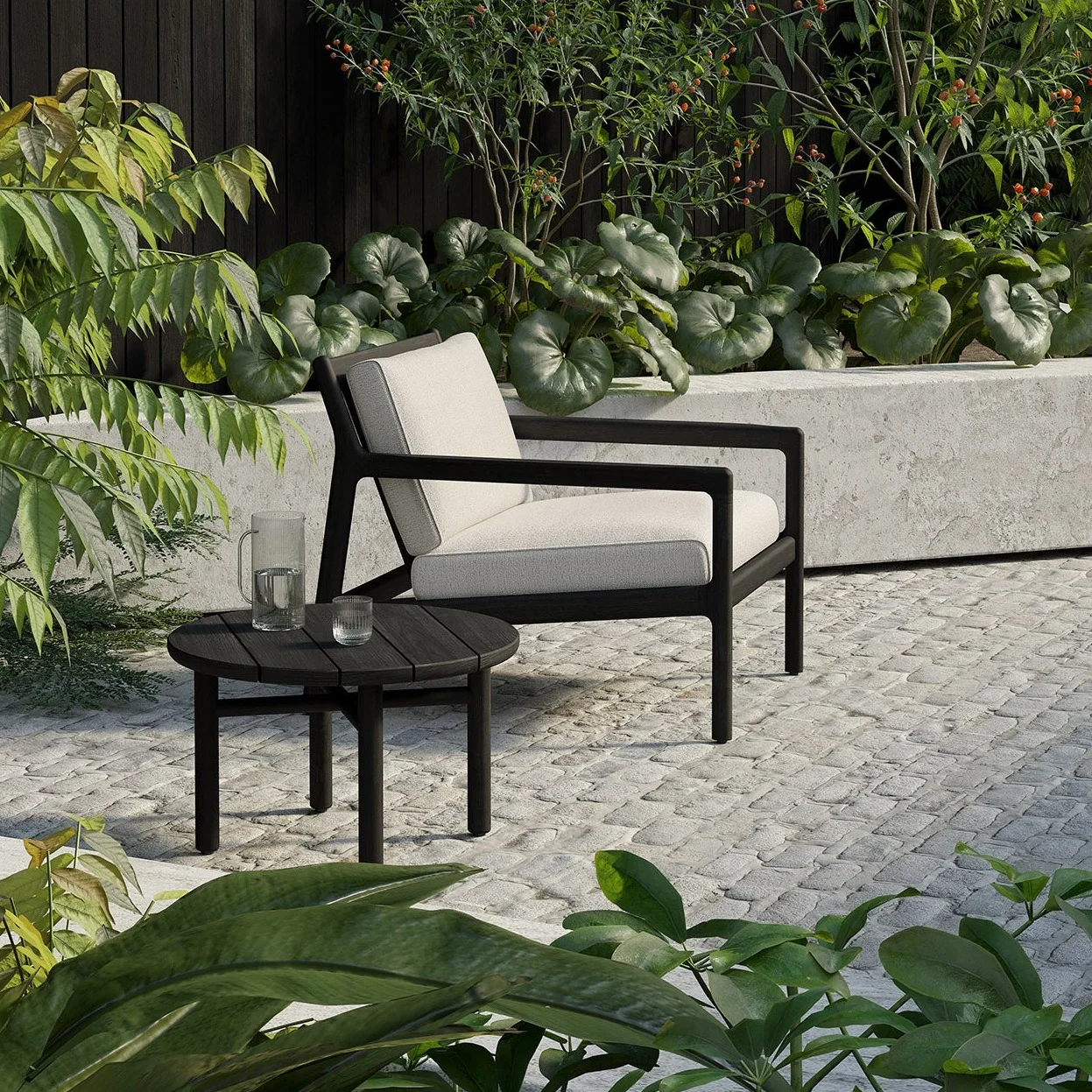 Effective Jack Solid Black Teak Outdoor Lounge Chair Off White Fabric Unique
