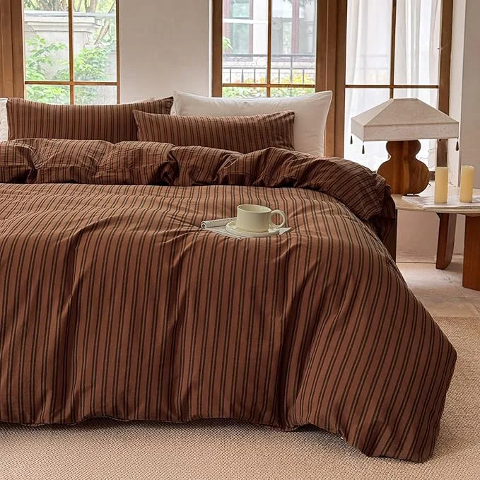 Clean Striped Duvet Cover Set Washed Cotton Linen Like Soft Feelling Breathable Bedding Burnt Orange Black Strip Twin Professional