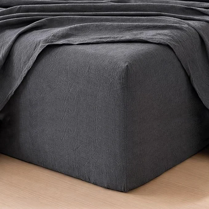 Reusable MooMee Fitted Bottom Sheet Only Washed Cotton Linen Like Textured Breathable Durable Soft Comfy Deep Pocket Fits Mattress up to 17 quot Dark Grey King Comfortable