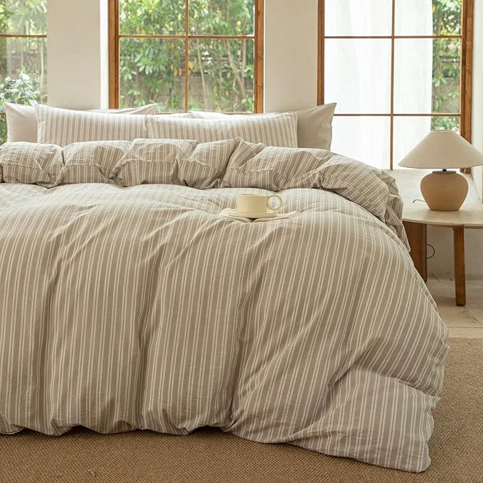 Elegant Striped Duvet Cover Set Washed Cotton Linen Like Soft Feelling Breathable Bedding Strip-Beige White King Eco-Friendly