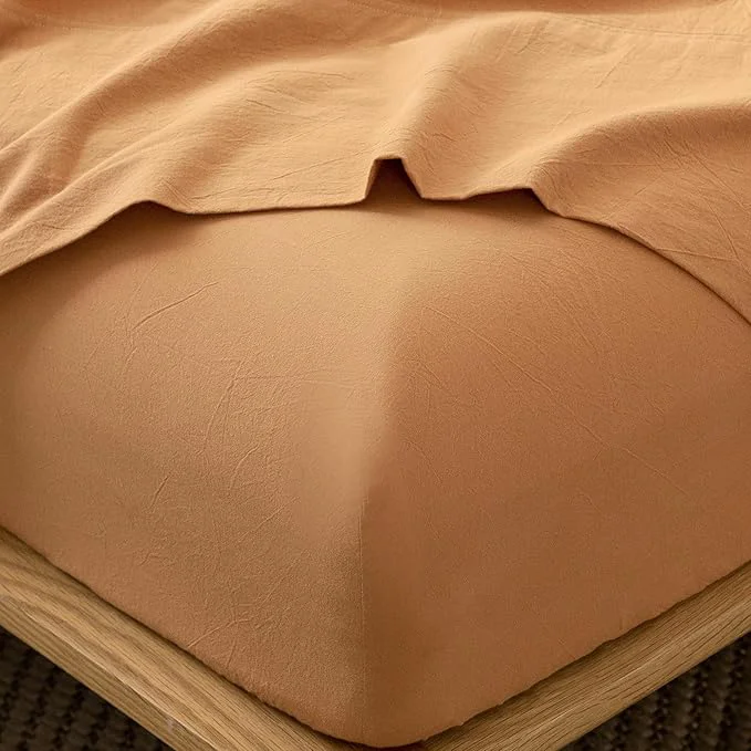 Fine MooMee Fitted Bottom Sheet Only Washed Cotton Linen Like Textured Breathable Durable Soft Comfy Deep Pocket Fits Mattress up to 17 quot Burnt Orange Twin Dependable