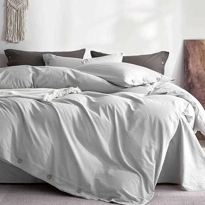 Effective JELLYMONI Washed Cotton Duvet Cover King – Soft Breathable Linen-Look Bedding with Natural Wrinkle Texture Button Closure 3-Piece Set Pale Grey 104 quot x90 quot Eco-Friendly