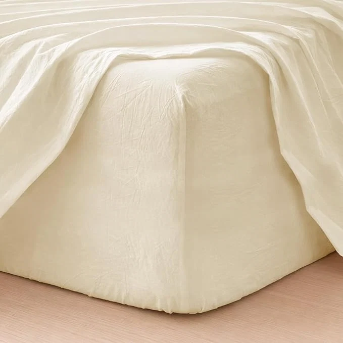 Sustainable MooMee Fitted Bottom Sheet Only Washed Cotton Linen Like Textured Breathable Durable Soft Comfy Deep Pocket Fits Mattress up to 17 quot Cream White King Healthy