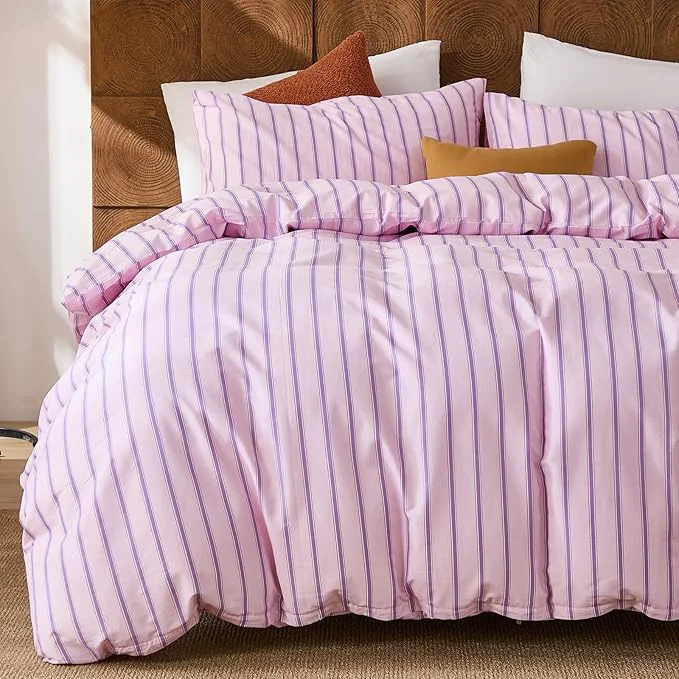 Safe Merryword Cotton Duvet Cover Set King Size – Pink amp Purple Striped Bedding Set with Zipper amp Corner Ties 3-Piece Luxury amp Silky Soft Bedding Set for All Seasons Certified