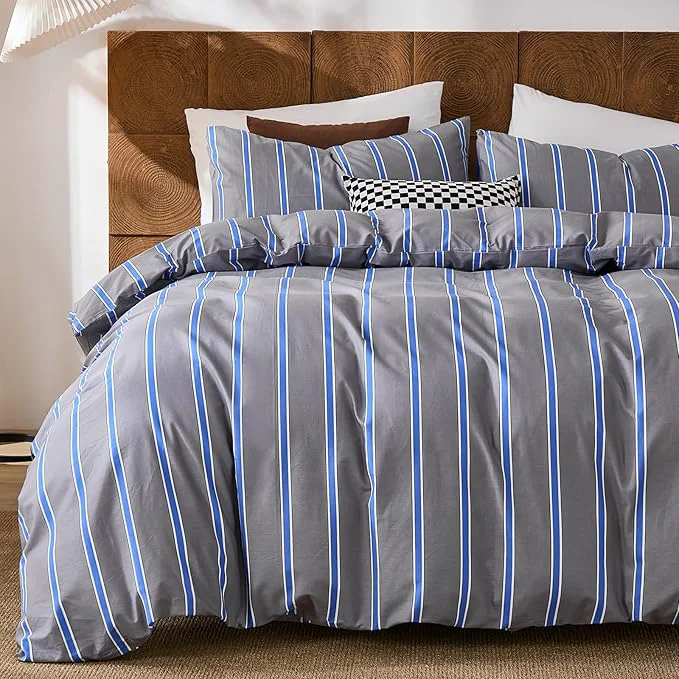 Eco-Friendly Merryword Blue and Gray Striped Duvet Cover Set Queen Size Cotton Bedding Set with Modern Coastal Style Soft Breathable Linen Like Bedding Set 3 Pieces Safe