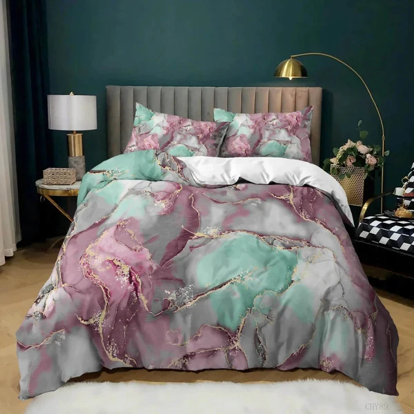 Eco-Friendly 3D Luxury Golden Marble Pink Quilt Cover Advanced