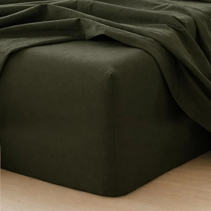 Organic MooMee Fitted Bottom Sheet Only Washed Cotton Linen Like Textured Breathable Durable Soft Comfy Deep Pocket Fits Mattress up to 17 quot Olive Green Queen Stylish