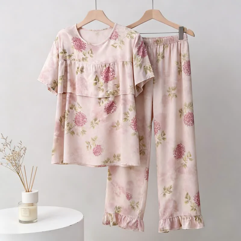 High-Grade Ownkoti Round Neck Pink Chrysanthemum Pajama Set Expertly Made