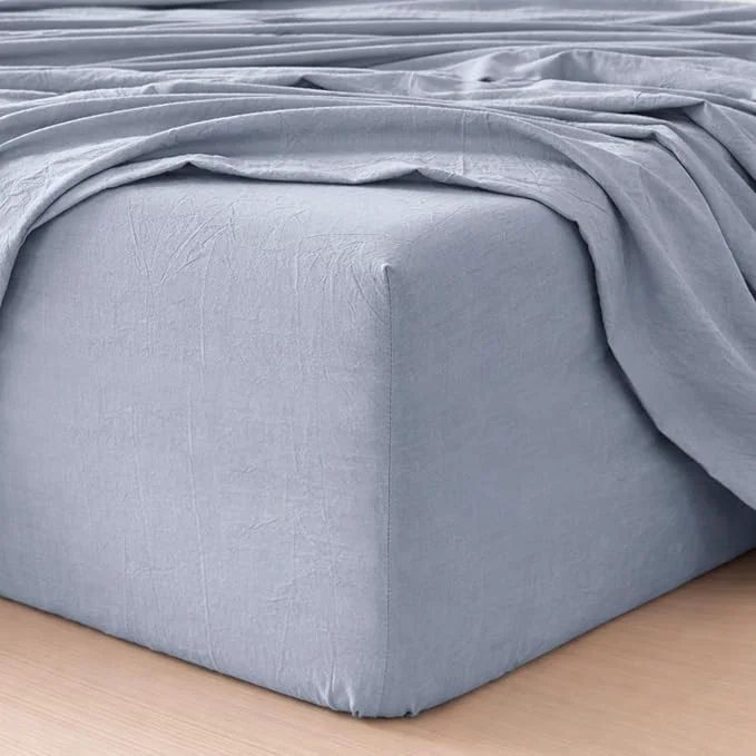 Fine MooMee Fitted Bottom Sheet Only Washed Cotton Linen Like Textured Breathable Durable Soft Comfy Deep Pocket Fits Mattress up to 17 quot Cornflower Blue Twin Practical