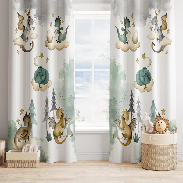 Easy-to-Use Little Dragon Kids Curtains – Adorable Animal Nursery Window Treatments Green