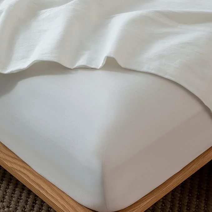 Smart MooMee Fitted Bottom Sheet Only Washed Cotton Linen Like Textured Breathable Durable Soft Comfy Deep Pocket Fits Mattress up to 17 quot Off White Queen World-Class
