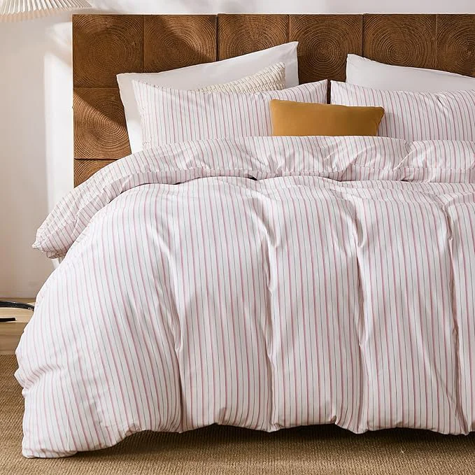 Optimized Merryword Cotton Duvet Cover Set Queen Size – White amp Pink Stripes Duvet Cover with Pillowcases Soft Breathable Bedding Set Modern Minimalist Pinstripe Comforter Cover for All Seasons Excellent