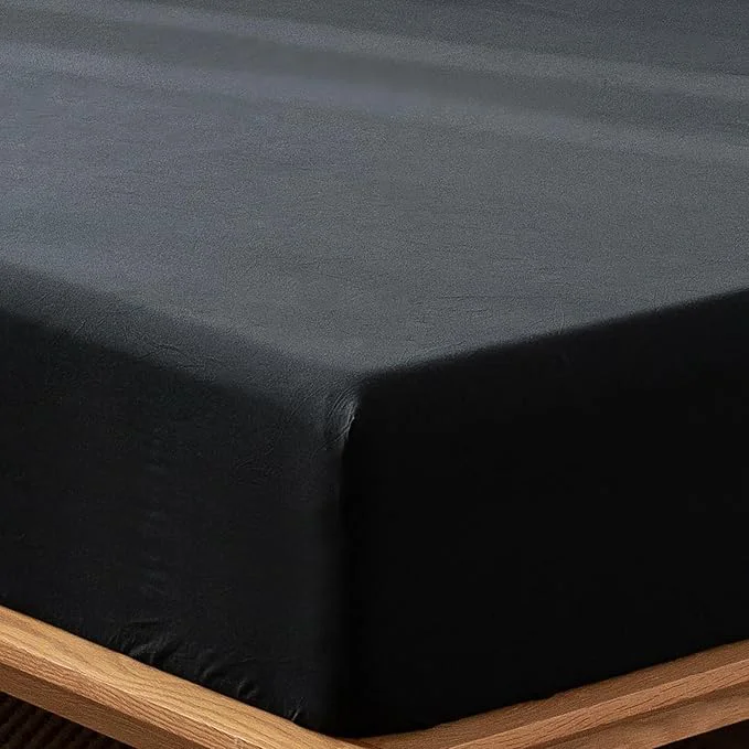 Flexible MooMee Fitted Bottom Sheet Only Washed Cotton Linen Like Textured Breathable Durable Soft Comfy Deep Pocket Fits Mattress up to 17 quot Black Twin Next-Generation