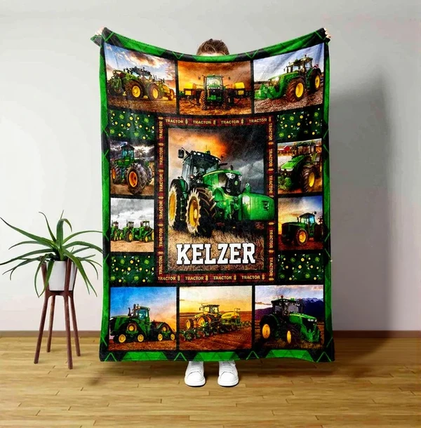 Traditional Custom Tractor Blanket with Name – Farm Theme Gift for Boys amp Girls Natural
