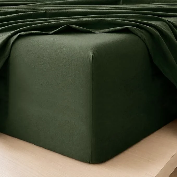 Original Design MooMee Fitted Bottom Sheet Only Washed Cotton Linen Like Textured Breathable Durable Soft Comfy Deep Pocket Fits Mattress up to 17 quot Forest Green King Responsible
