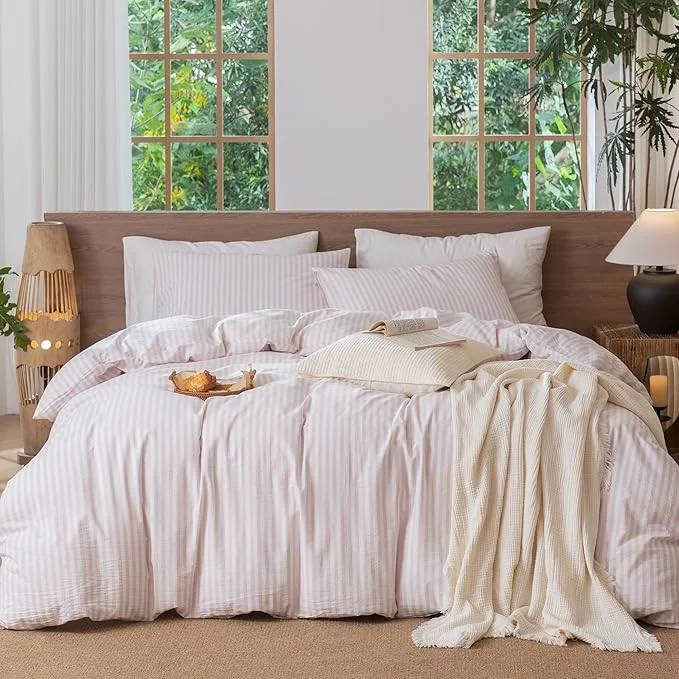 Elegant MooMee Striped Duvet Cover Set Washed Cotton Linen Like Textured Breathable Durable Soft Comfy Heathered Greyish Pink Classic Stripes Oversized Full 82 quot x86 quot Original