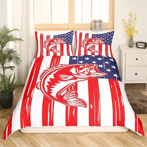 Relaxed Pike Fish Bedding Set – Striped Bass Fishing Themed Duvet Cover for Kids amp Teens Bedroom Decor Pure