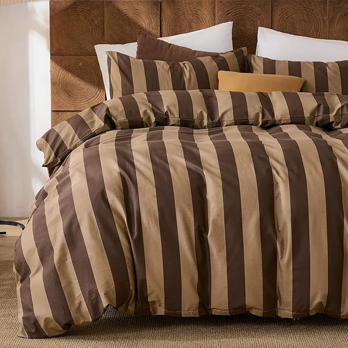 First-Class Merryword Brown Striped Duvet Cover Set King Size Natural Cotton Linen Like Duvet Cover Set with Zipper Closure amp 8 Corner Ties Brown Khaki Soft Reversible Bedding for All Seasons Pure