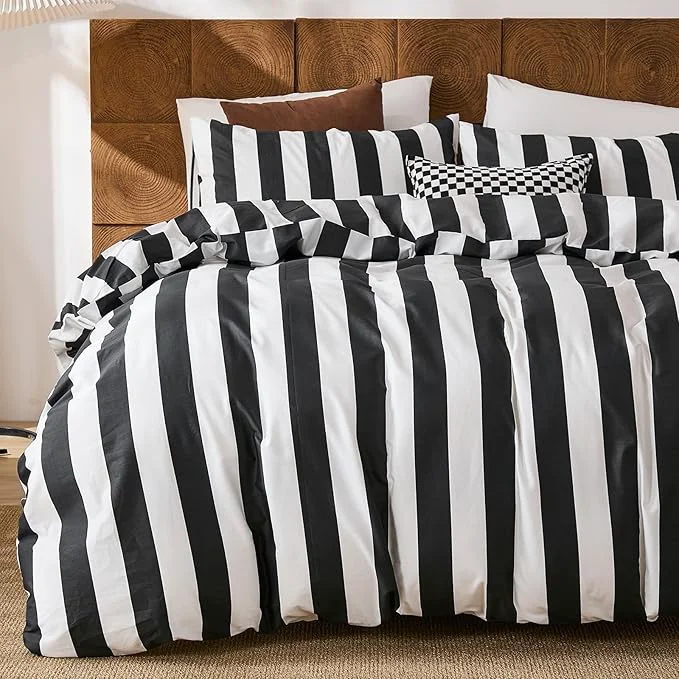 High-Grade Merryword Black and White Striped Duvet Cover Set Queen Size – Cotton Duvet Cover Set with Zipper Closure amp 8 Corner Ties 3-Piece Luxury Linen Like Bedding Set for All Seasons Comfortable