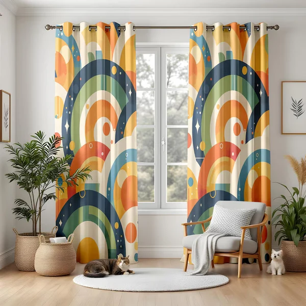 Environmentally Friendly Retro Arch Geometric Curtains – Mid Century Modern Drapes for Living Room Bedroom Stylish Home Decor High-Grade