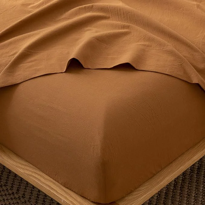 Pure MooMee Fitted Bottom Sheet Only Washed Cotton Linen Like Textured Breathable Durable Soft Comfy Deep Pocket Fits Mattress up to 17 quot Dark Orange Twin Fine