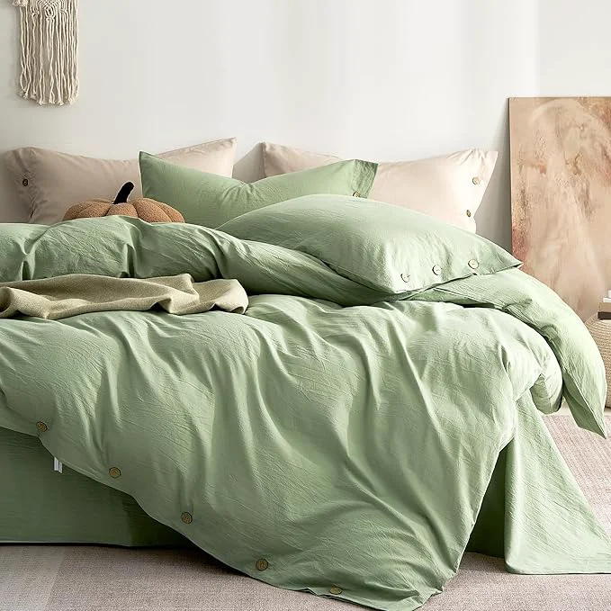 Traditional JELLYMONI Washed Cotton Duvet Cover Full – Soft Breathable Linen-Look Bedding with Natural Wrinkle Texture Button Closure 3-Piece Set Mint Green 80 quot x90 quot Practical