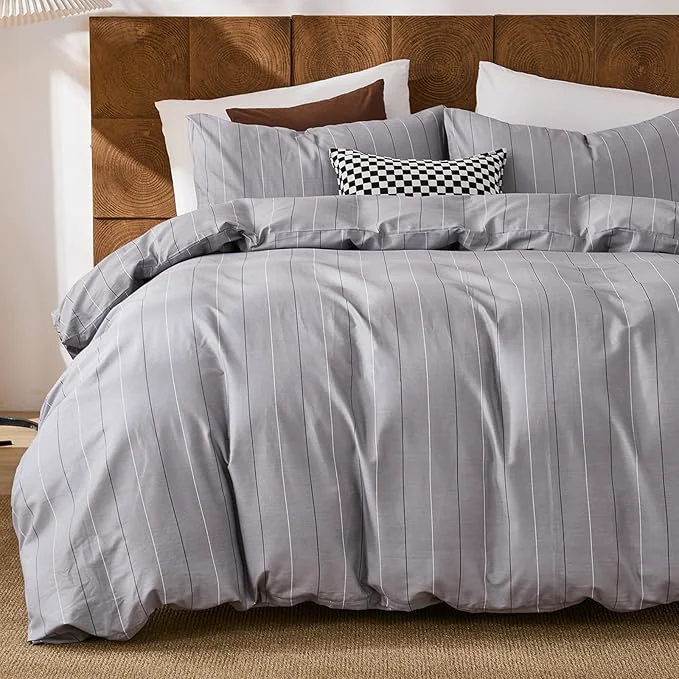 Elite Merryword Cotton Stripe Duvet Cover Set Queen Size – Gray Striped Duvet Cover Set with Zipper Closure amp 8 Corner Ties Modern Minimalist Wide Stripe Bedding Set for Cozy Elegant Bedroom Premium Material