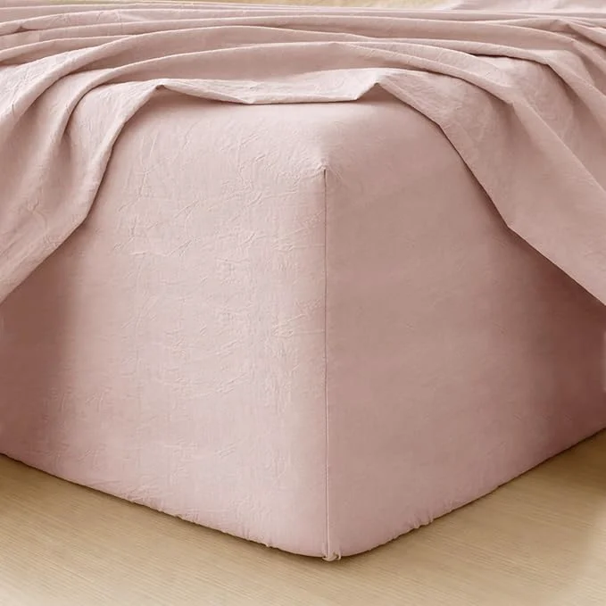 Responsible MooMee Fitted Bottom Sheet Only Washed Cotton Linen Like Textured Breathable Durable Soft Comfy Deep Pocket Fits Mattress up to 17 quot Greyish Pink Queen Fine