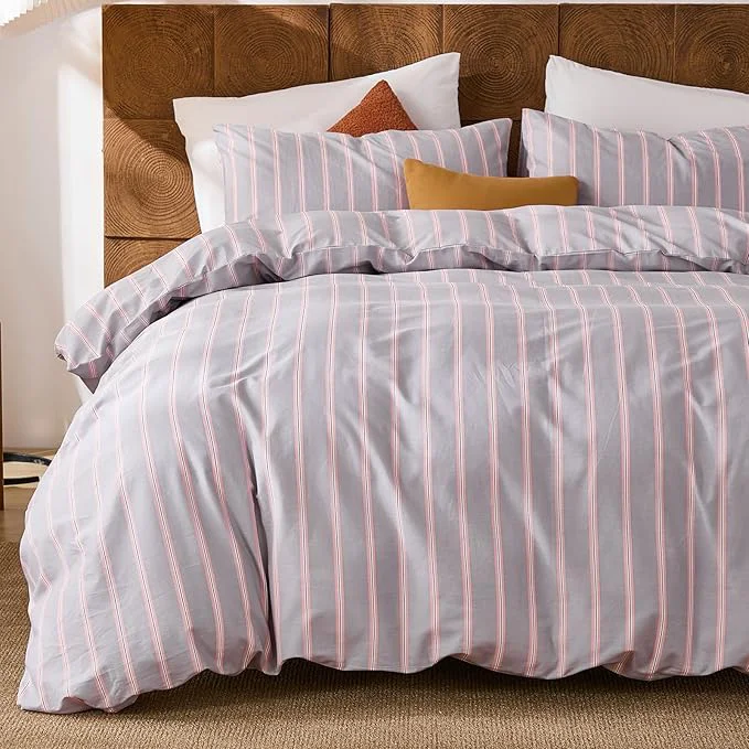 Versatile Merryword Cotton Duvet Cover Set King Size – Gray and Pink Striped Bedding Set with Zipper amp Corner Ties 3-Piece Luxury Linen Like Bedding Set for All Seasons High-End