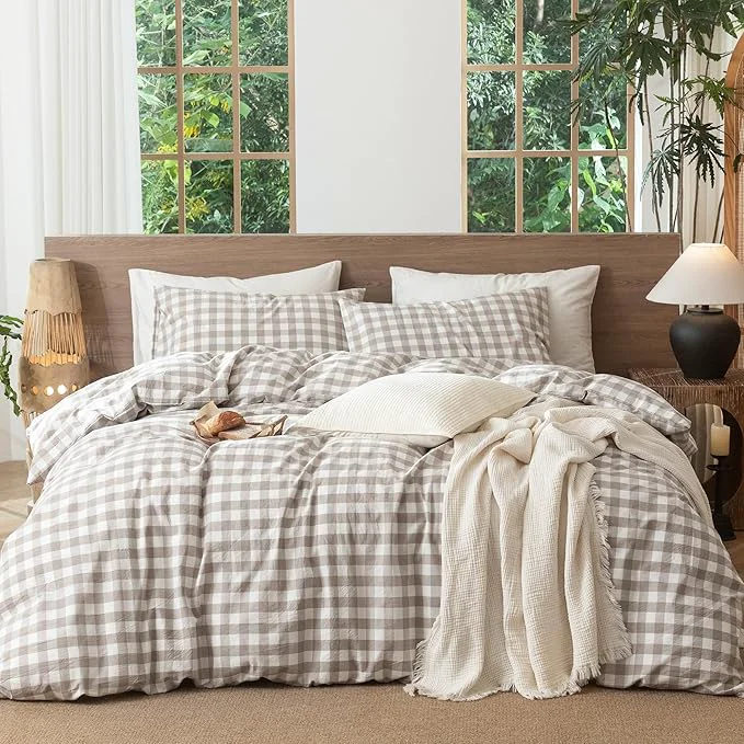 Minimalist MooMee Gingham Duvet Cover Set Washed Cotton Linen Like Textured Breathable Durable Soft Comfy Modern Checkered Design Buffalo Plaid Tannish Linen Grey King 104 quot x90 quot Official
