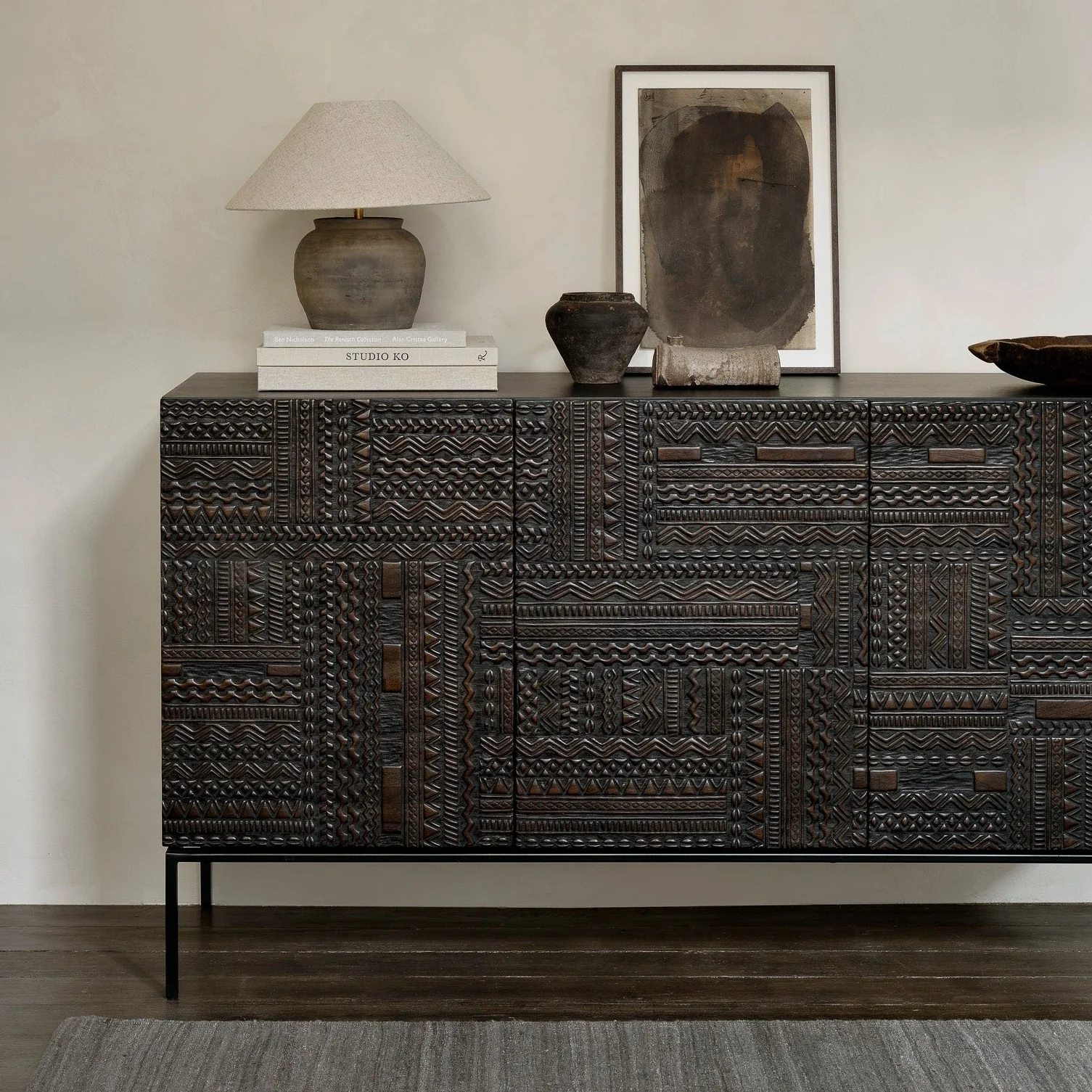 World-Class Tabwa Black Teak Sideboard 3 Doors Classic