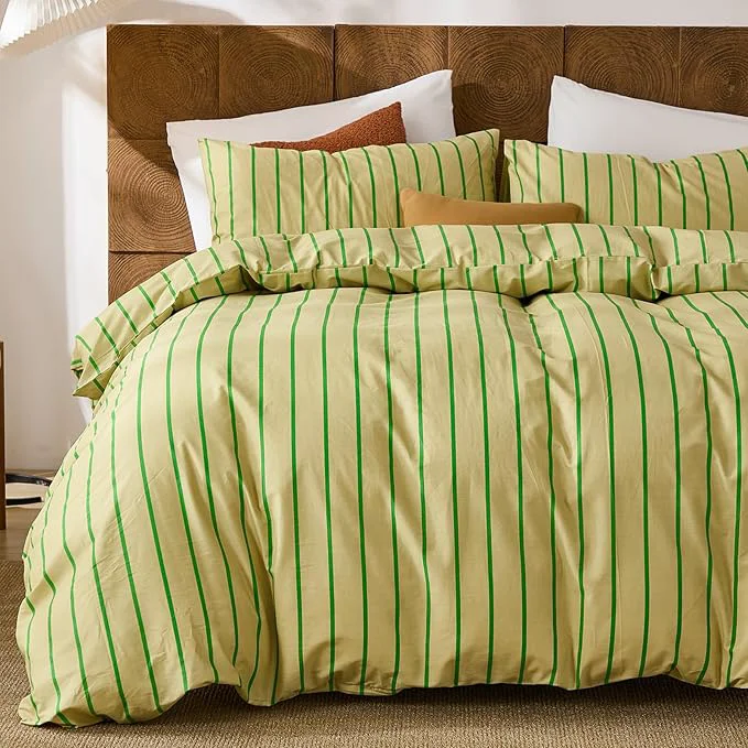 Premium Material Merryword Striped Duvet Cover Set King Size – Cotton Duvet Cover Set Khaki amp Green Stripes Pattern Comforter Cover 3 Pieces Soft Linen Like Bedding Set for All Seasons Flexible