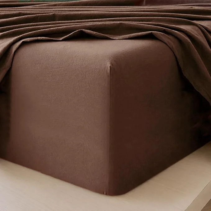 Advanced MooMee Fitted Bottom Sheet Only Washed Cotton Linen Like Textured Breathable Durable Soft Comfy Deep Pocket Fits Mattress up to 17 quot Cocoa Brown King