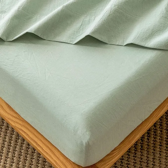 Safe MooMee Fitted Bottom Sheet Only Washed Cotton Linen Like Textured Breathable Durable Soft Comfy Deep Pocket Fits Mattress up to 17 quot Sage Green Queen Expertly Made