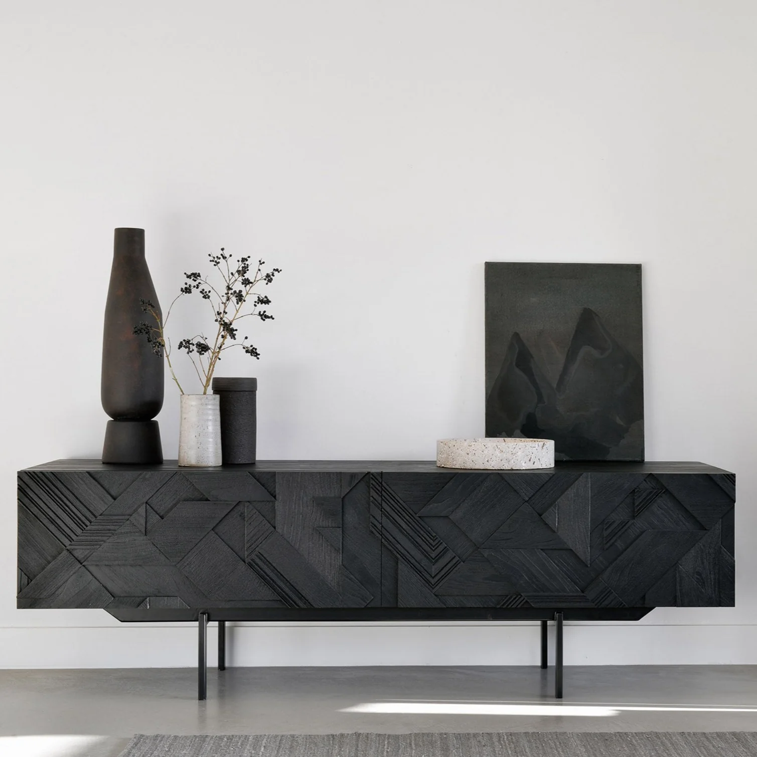High-Quality Graphic Solid Black Teak Media Console 63 quot Practical